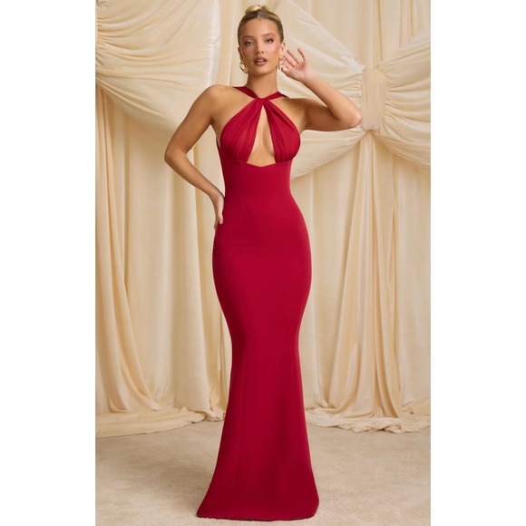 Oh Polly True Red Halter Twist Keyhole Open Back Maxi Dress 11937D Size 0 NEW - Picture 4 of 15